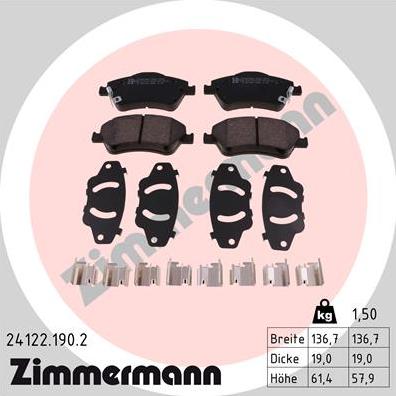 Zimmermann 24122.190.2 - Тормозные колодки, дисковые, комплект autodif.ru