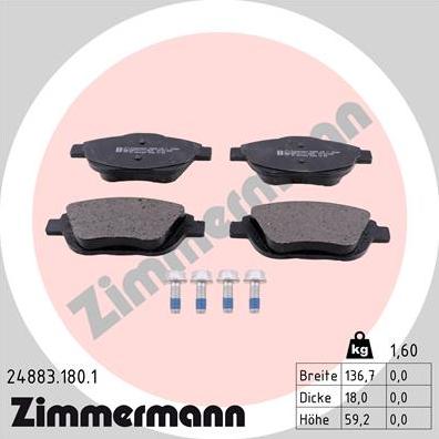 Zimmermann 24883.180.1 - КОЛОДКИ ТОРМОЗНЫЕ ДИСКОВЫЕ, КОМПЛЕКТ autodif.ru