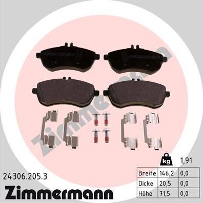 Zimmermann 24306.205.3 - колодки дисковые !перед. 146x72x20 \ MB W204/S204/C204/W212/S212 1.8-3.0/CDi 07> autodif.ru