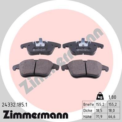Zimmermann 24332.185.1 - Тормозные колодки, дисковые, комплект autodif.ru