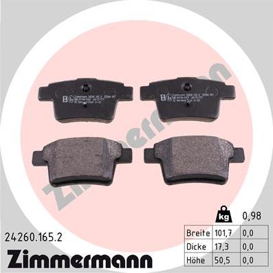 Zimmermann 24260.165.2 - Тормозные колодки, дисковые, комплект autodif.ru