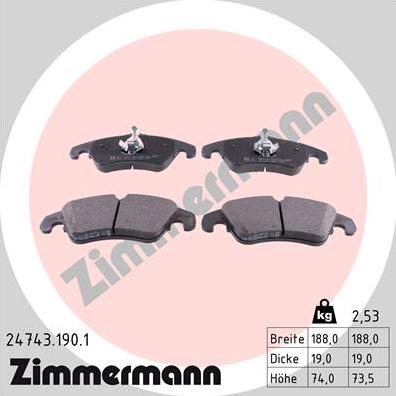 Zimmermann 24743.190.1 - Тормозные колодки, дисковые, комплект autodif.ru