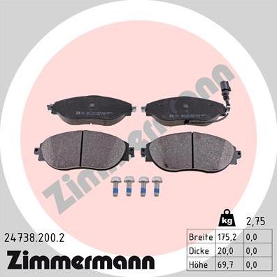 Zimmermann 24738.200.2 - Тормозные колодки, дисковые, комплект autodif.ru