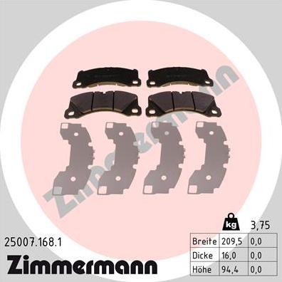 Zimmermann 25007.168.1 - Тормозные колодки, дисковые, комплект autodif.ru