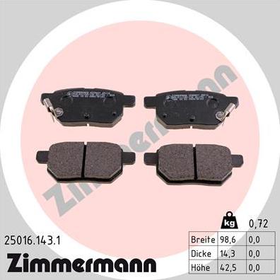 Zimmermann 25016.143.1 - Тормозные колодки, дисковые, комплект autodif.ru