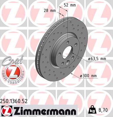 Zimmermann 250.1360.52 - Тормозной диск autodif.ru