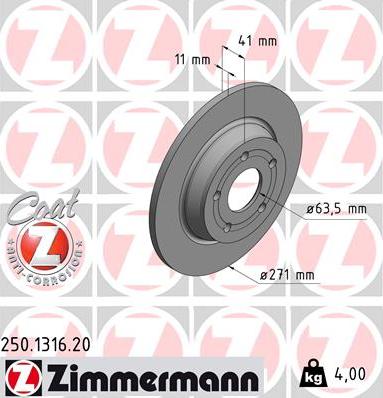 Zimmermann 250.1316.20 - Тормозной диск autodif.ru