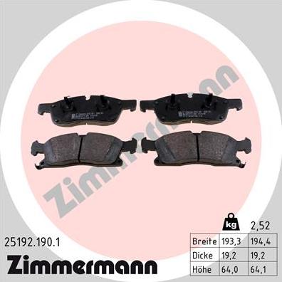 Zimmermann 25192.190.1 - Тормозные колодки, дисковые, комплект autodif.ru