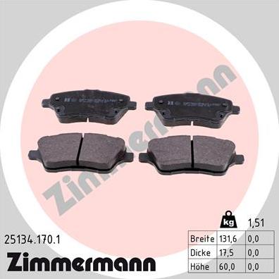 Zimmermann 25134.170.1 - Тормозные колодки, дисковые, комплект autodif.ru