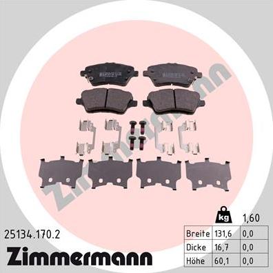Zimmermann 25134.170.2 - Тормозные колодки, дисковые, комплект autodif.ru