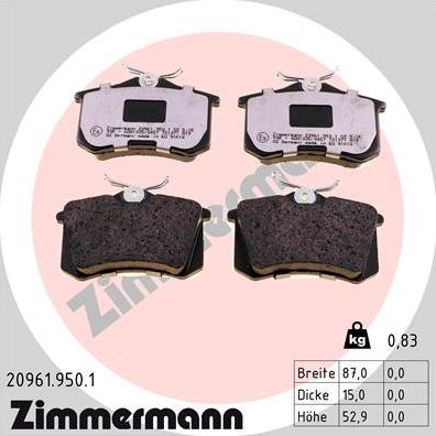 Zimmermann 20961.950.1 - Тормозные колодки, дисковые, комплект autodif.ru