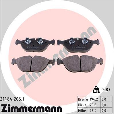 Zimmermann 21484.205.1 - Тормозные колодки, дисковые, комплект autodif.ru