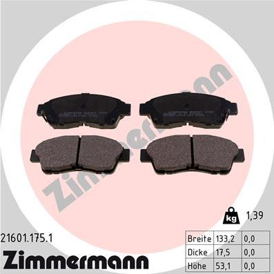 Zimmermann 21601.175.1 - Тормозные колодки, дисковые, комплект autodif.ru