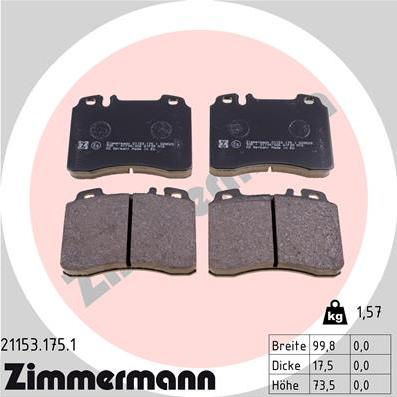 Zimmermann 21153.175.1 - Тормозные колодки, дисковые, комплект autodif.ru