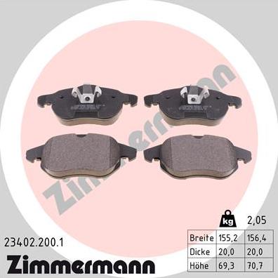 Zimmermann 23402.200.1 - колодки дисковые !перед. 155x70x20 \ Opel Vectra C/Signum 1.8i-2.2DTi 02> autodif.ru