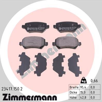Zimmermann 23417.150.2 - колодки дисковые !задн. 95x43x15 \ Opel AstraG 1.8-2.2DT 01-04/Zafira 2.2i/DTi 01> autodif.ru