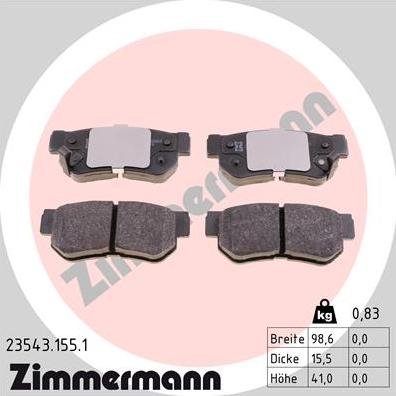 Zimmermann 23543.155.1 - колодки дисковые !задн. 99x41x16 \ Hyundai Santa Fe 2.4i/2.7 V6/2.0CRDi 01> autodif.ru