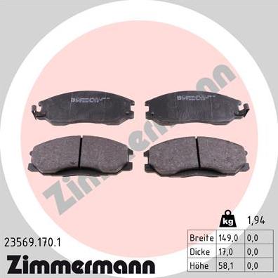 Zimmermann 23569.170.1 - Колодки тормозные дисковые к-т Hyundai, Ssangyong autodif.ru