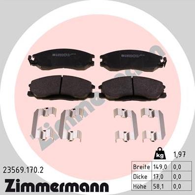 Zimmermann 23569.170.2 - колодки дисковые !перед. 149x58x17 \ Hyundai Santa Fe 2.4-2.0CDi 01> autodif.ru