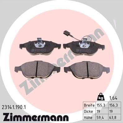 Zimmermann 23141.190.1 - Тормозные колодки, дисковые, комплект autodif.ru