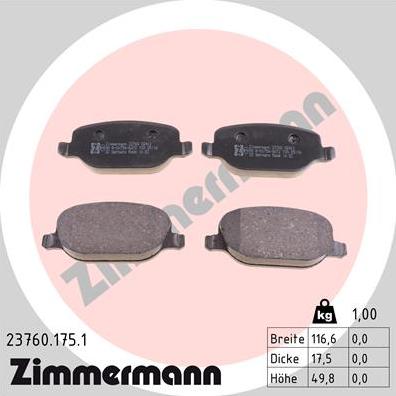 Zimmermann 23760.175.1 - Тормозные колодки, дисковые, комплект autodif.ru