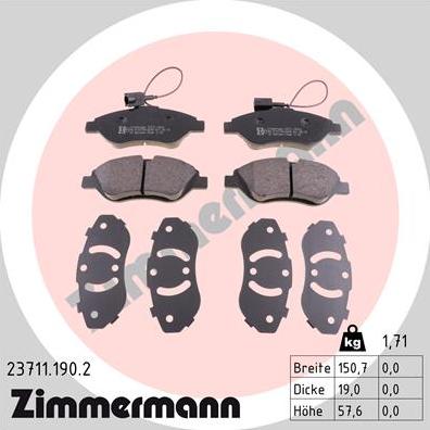 Zimmermann 23711.190.2 - Тормозные колодки, дисковые, комплект autodif.ru