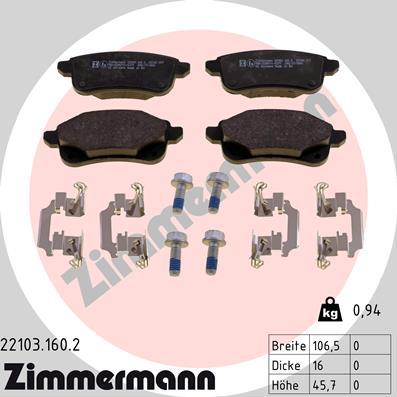 Zimmermann 22103.160.2 - Тормозные колодки, дисковые, комплект autodif.ru